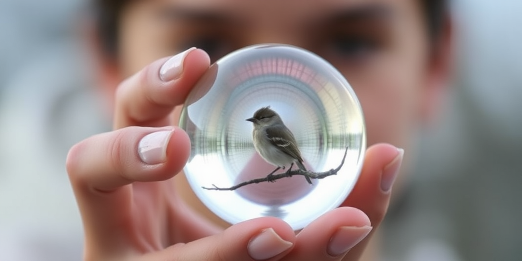 A close-up shot of a person holding a reflective crystal ball with a bird inside, soft focus background, shallow depth of field, ISO 100, f/2.8, 50mm lens, taken with a DSLR camera, natural lighting.