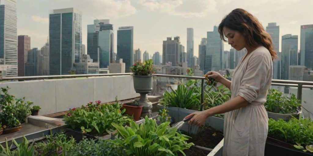 Rooftop garden in the heart of the city, skyscrapers looming in the distance as a woman waters plants, her small oasis thriving amid the urban chaos.