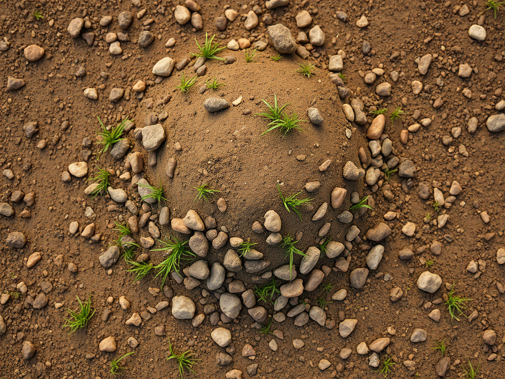 Create a high-resolution illustration of a dirt pile with small rocks and sparse grass, using a DSLR camera with a 50mm lens, aperture f/2.8, ISO 100, natural lighting from above, shallow depth of field, focusing on texture and detail.