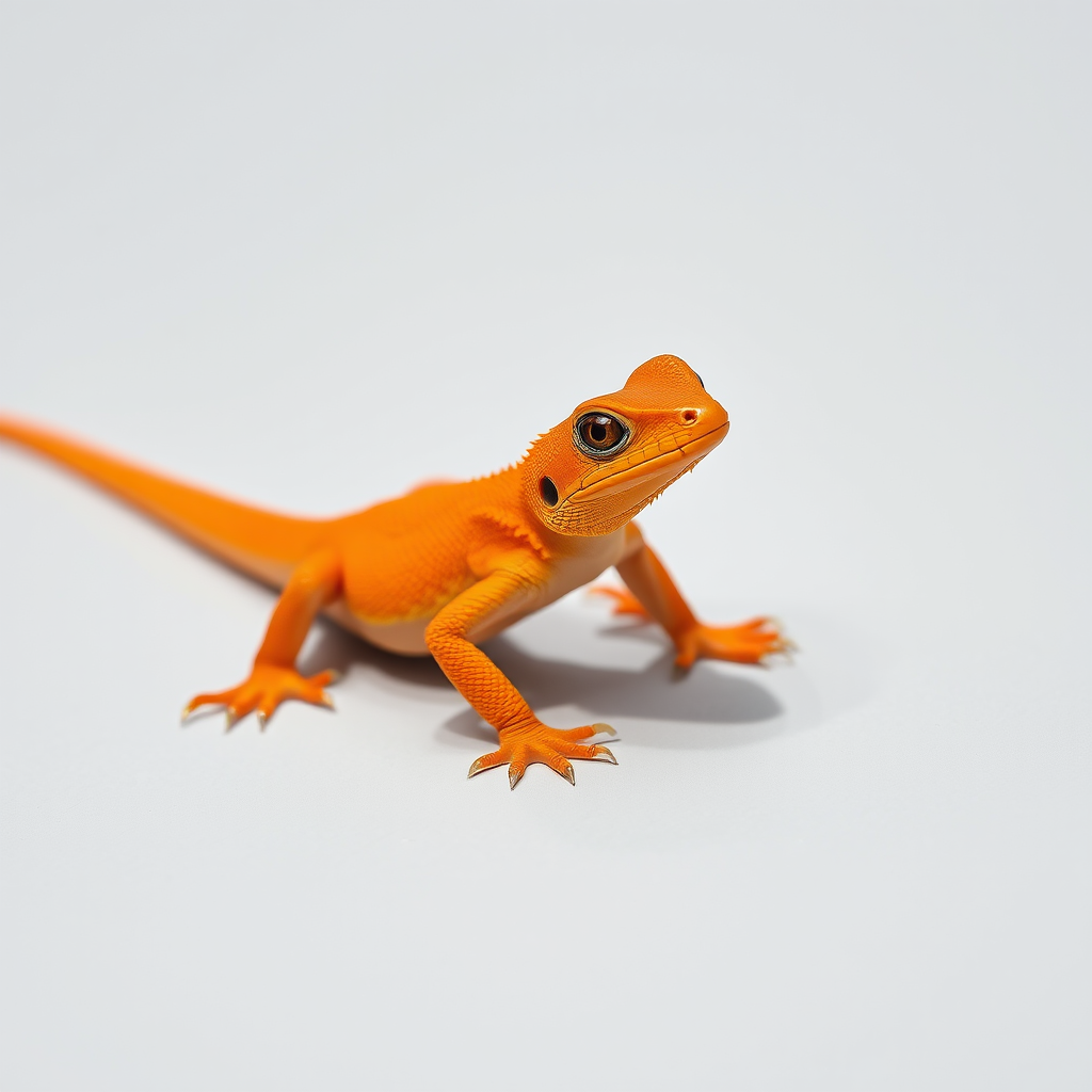 Create an image of a stylized orange lizard on a plain background, using a Canon EOS R5 with a 50mm f/1.8 lens at ISO 200, aperture f/8, shutter speed 1/200s, shot from a slightly elevated angle in natural light for enhanced detail and clarity.