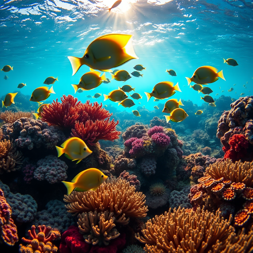 Create an underwater scene depicting a variety of fish swimming among vibrant coral reefs, with sunlight filtering through the water, using a DSLR camera with a 24mm lens, aperture f/8, ISO 400, and a shallow depth of field.