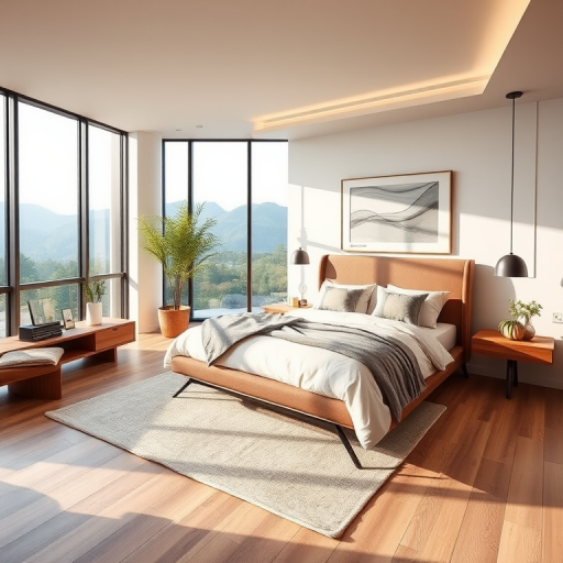 create a modern bedroom interior design with a large bed, stylish decor, wooden flooring, neutral color palette, large windows with a view of mountains, soft natural lighting, focus on minimalism, camera type digital, aperture f/8, ISO 100, shutter speed 1/60s, wide-angle view, high resolution
