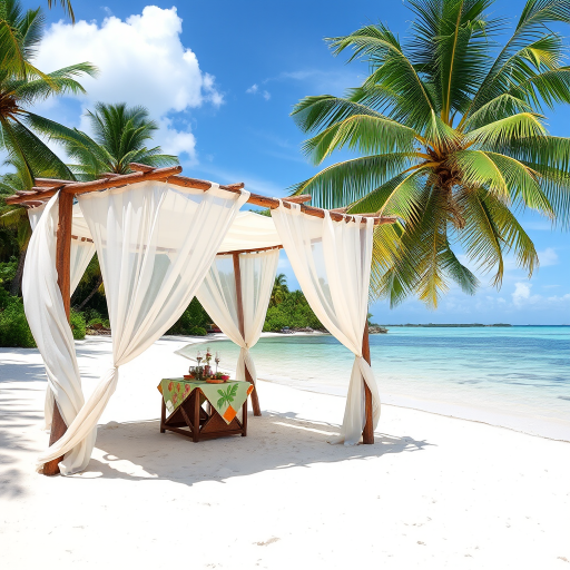 Create a picturesque tropical beach scene featuring a serene, white sandy shore. In the foreground, there's a rustic wooden canopy with white drapes gently flowing in the breeze. Underneath the canopy, a table is set with tropical decor, evoking a sense of relaxation and leisure. The beach extends into a calm, shallow water area with reflections of the sky and surroundings. Palm trees and lush greenery line the edge of the beach, providing a natural, tropical backdrop. The sky is clear with a few scattered clouds, and the overall atmosphere is tranquil and inviting, perfect for a peaceful retreat.
