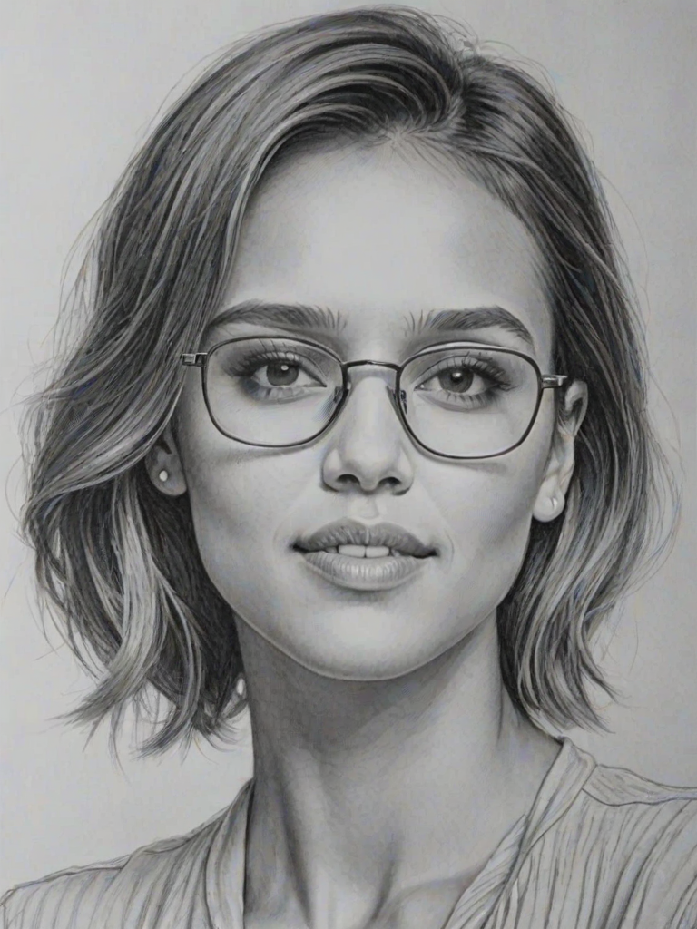 Enchanting Jessica Alba, pencil sketch, portrait of Splendid woman 1933s in glasses, hair style beatnik, outline, clear lines, fine lines, 8k