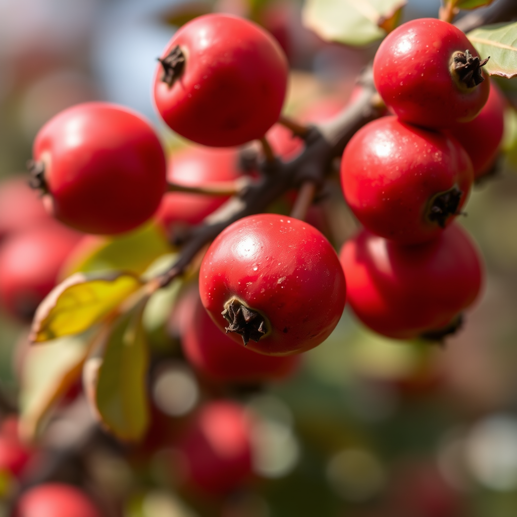 Capture close-up of red fruits on a tree branch, shallow depth of field, natural light, f/2.8 aperture, ISO 200, 50mm lens, DSLR camera, focus on texture and color detail.