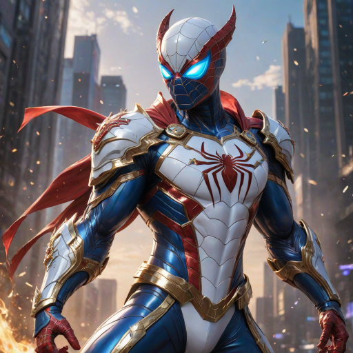 A high-budget, anime-style wallpaper featuring Spiderman in an epic White, blue red Kirin armor. Golden dragon gloves, the gloves is in the shape of dragon heads, Golden dragon head gloves, White glossy eyes, The armor is designed with metallic details that reflect light, showcasing intricate Kirin motifs. Spiderman's armor is a striking gradient of blue, red and white, with Colorful galaxy inner sections, making it look both powerful and sleek. The background is flat white, with Kirin-shaped blue-violet glowing rune relic to give the impression power, striking pose, the Kirin's armor is dominantly in white, with some details in blue and red, Cinematic anime action scene, cinematic action pose, medium shot action portrait, dramatic effect of shadow and light.