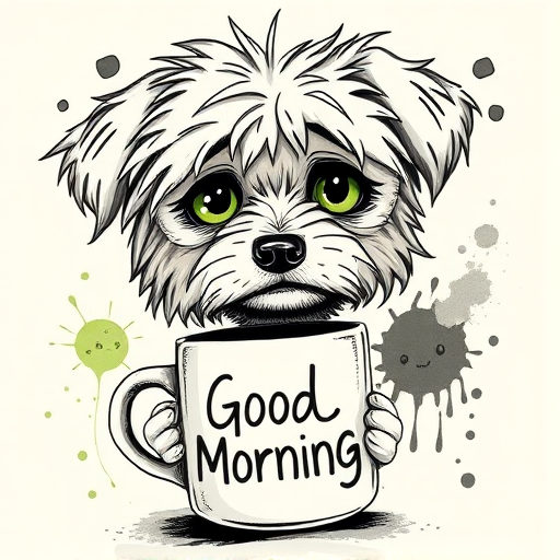 A quirky, artistic illustration of a disheveled peekapoo dog breed with exaggerated, large eyes and spiky fur, holding a coffee mug that reads "Good Morning". The dog has a tired but humorous expression, with ink splatters and abstract details surrounding it, giving a whimsical feel to the image. The color palette is mostly monochrome with hints of green in the eyes and steam rising from the mug, enhancing the overall sleepy vibe