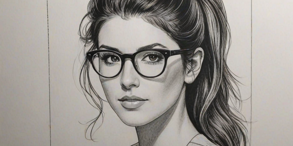 Lovely Shenae Grimes, pencil sketch, portrait of Elegant woman 1975s in glasses, hair style beatnik, outline, clear lines, fine lines, 8k