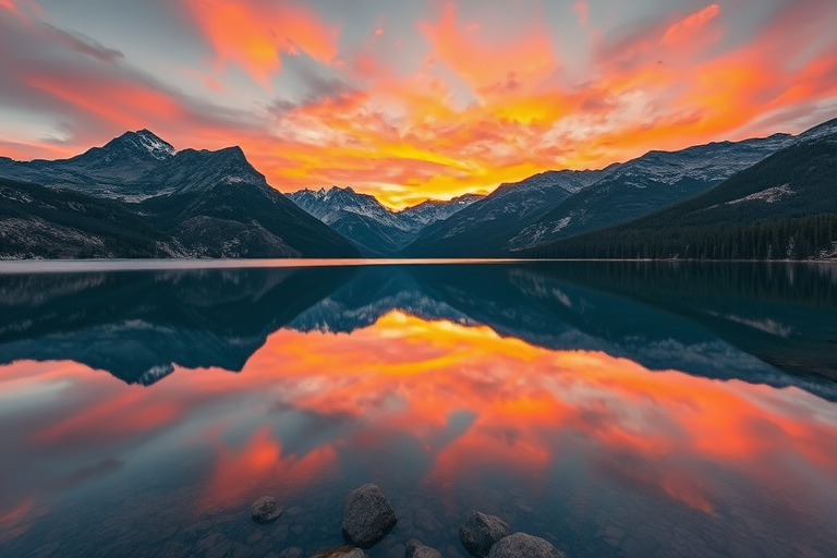 Create a high-resolution digital artwork of a serene landscape featuring a tranquil lake reflecting the surrounding mountains at sunset with vibrant colors, using a DSLR camera at f/11 aperture, ISO 100, and a focal length of 24mm in a wide-angle view.