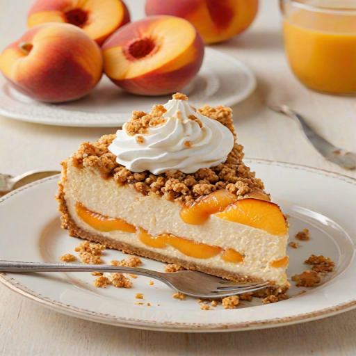 Generate an image of a delicious peach crumble cheesecake. The cheesecake should have a golden crust, topped with a layer of baked peach slices and a generous amount of crumbly topping. Decorate the edges with swirls of whipped cream and place fresh peach slices around the base. The background should include a light, colorful setting that enhances the dessert's appeal.