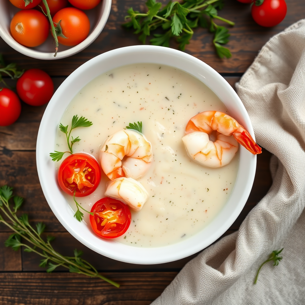 Create a high-resolution image of a creamy shrimp soup in a white bowl with cherry tomatoes and fresh herbs, captured from a top-down view using a DSLR camera with a 50mm lens, aperture set to f/2.8 for shallow depth of field, ISO 100 for minimal noise, and natural lighting to enhance the colors and textures.