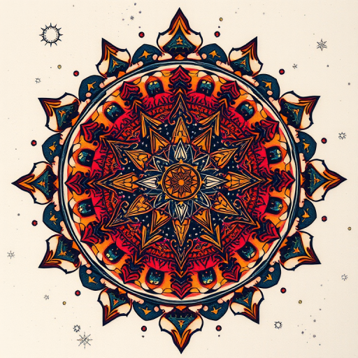 Neotraditional celestial mandala tattoo adorned with intricate constellations, swirling galaxies, and sacred geometry symbols, rendered in rich jewel tones and metallic accents for a mesmerizing three-dimensional effect