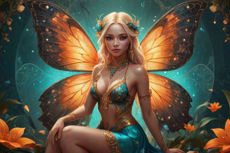 A digital artwork features a winged fairy with delicate Orange butterfly wings, adorned with intricate Turquoise andBurgundy patterns. She is seated on a vibrant Electric flower, wearing a revealing red two-piece outfit with sparkling beadwork. Her fair skin, long blonde hair, and gold jewelry add to her ethereal appearance. The background is a warm, golden gradient, creating a magical atmosphere. Small glowing orbs and sparkles surround the flower, enhancing the enchanting, highly detailed, and realistic scene.