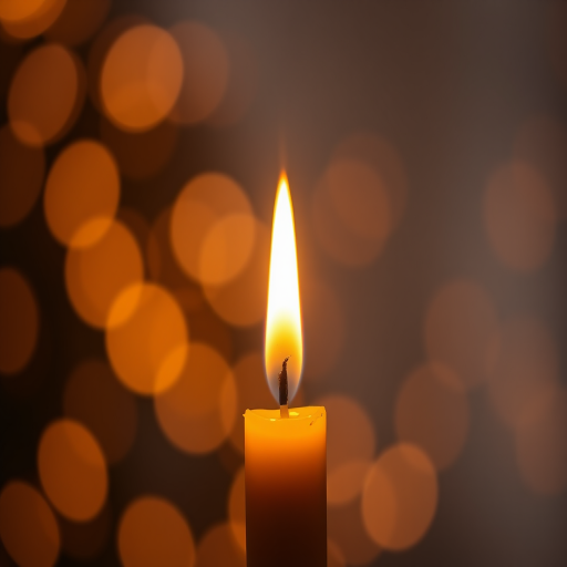 Create a warm, softly lit image of a single candle flame against a blurred bokeh background with sparkling stars, using a DSLR camera at f/1.8, ISO 100, 50mm lens, and a shallow depth of field to enhance the glow and shimmer effects.