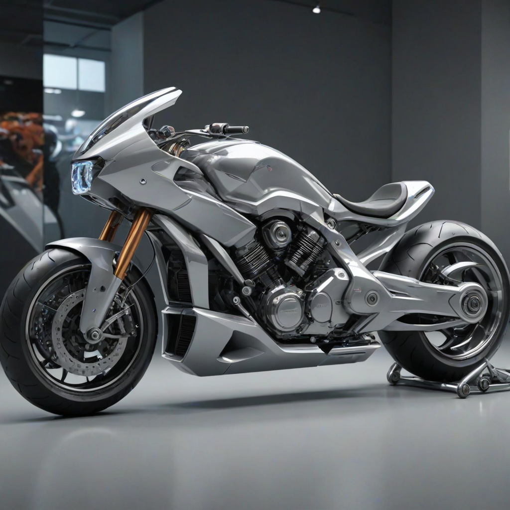 Concept design for a futuristic motorbike in a exposition. Hyper-realistic, 4K, HDR