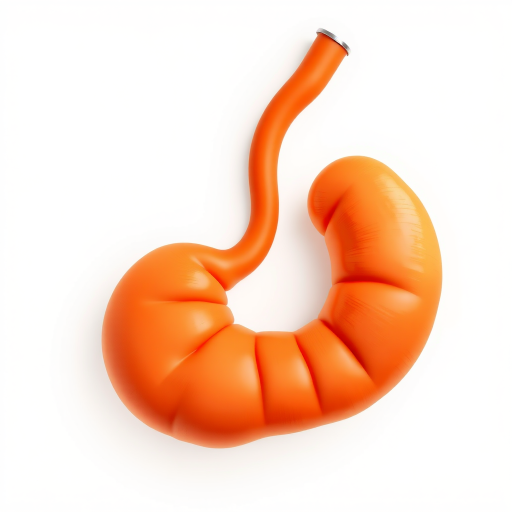 Create a highly detailed illustration of a stomach, with a vibrant orange color and smooth contours, captured in high-resolution using a DSLR camera with a 50mm lens, aperture set to f/2.8, ISO 100, shot from a top-down view to enhance clarity and depth.
