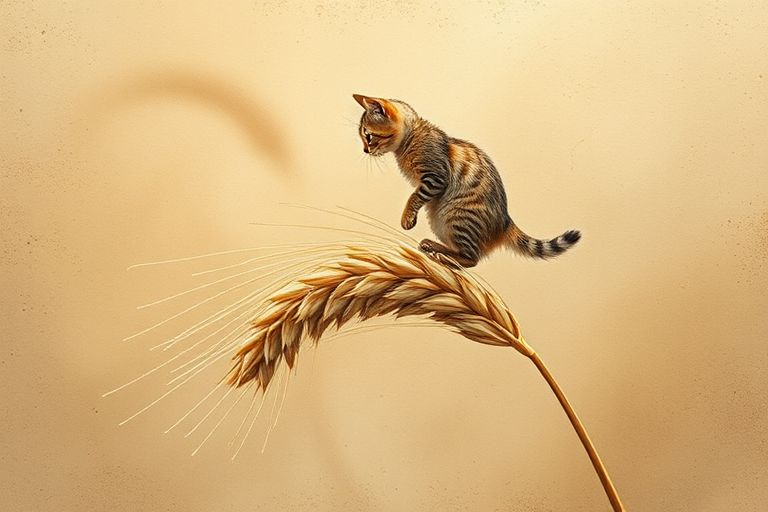 Soft, muted Alcohol Ink with ebru effect background image of tiny whimsical cat, who climbed high on the top of a golden rye ear.