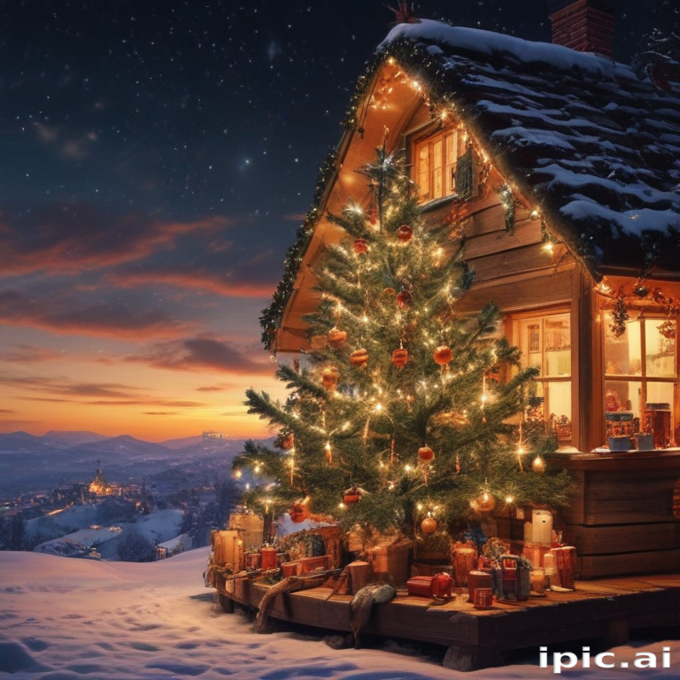 A Cozy Winter Scene Featuring a Christmas Tree and Snowy Cabin at Dusk.