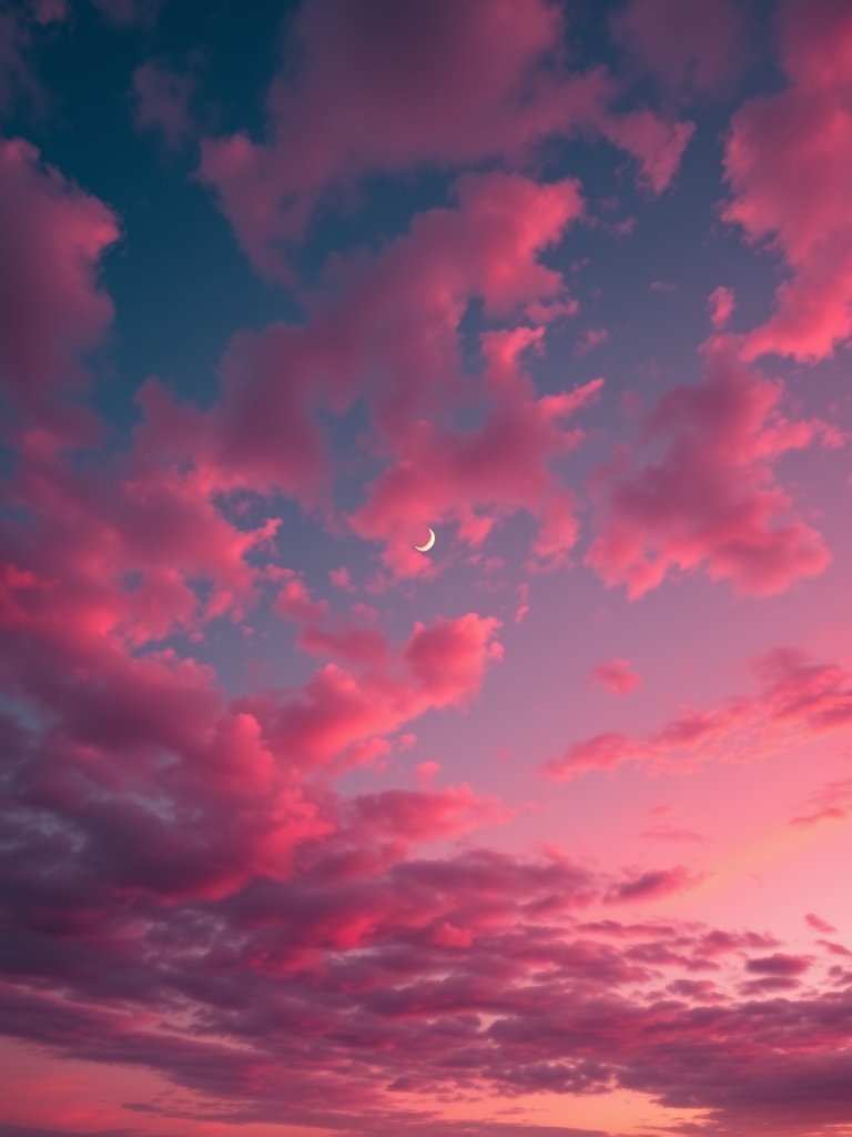 create a dreamy sunset sky with vibrant pink and purple clouds, a crescent moon glowing softly in the center, using a Canon EOS R5, f/2.8 aperture, 24mm lens, ISO 100, shot in landscape orientation for enhanced detail and clarity.