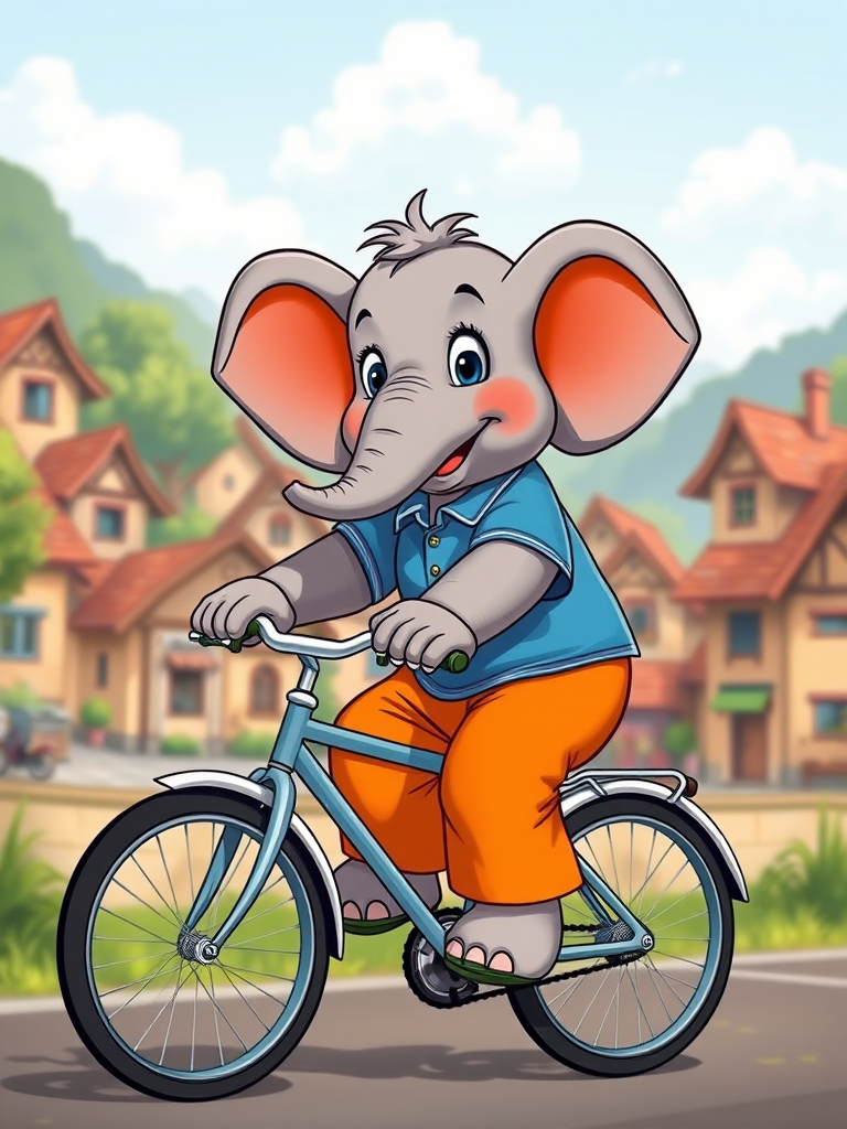 A cute cartoon elephant riding a bicycle, wearing a blue shirt and orange pants, with a whimsical background of a village, shot with a DSLR camera at 50mm, f/2.8 aperture, 1/500 shutter speed, in natural light.