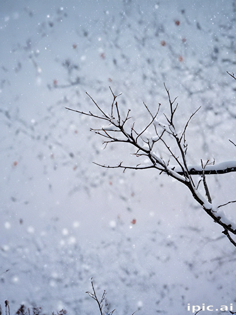Snowflakes Gently Falling on Bare Branches Against a Soft Winter Sky