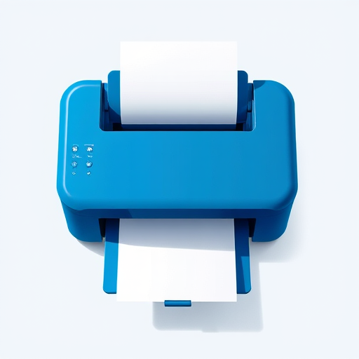 create a high-resolution illustration of a blue printer with a roll of paper emerging, using a Canon EOS 5D Mark IV camera, aperture set to f/8, ISO 100, 50mm lens, in a top-down view, with soft lighting for enhanced clarity and detail.