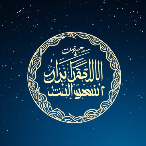 Create an artistic illustration featuring intricate Arabic calligraphy of "Ramadhan Kareem" enclosed within a crescent moon against a deep blue night sky with twinkling stars, shot with a DSLR camera at f/1.8, ISO 100, 50mm lens, soft focus background, high contrast lighting to enhance details.