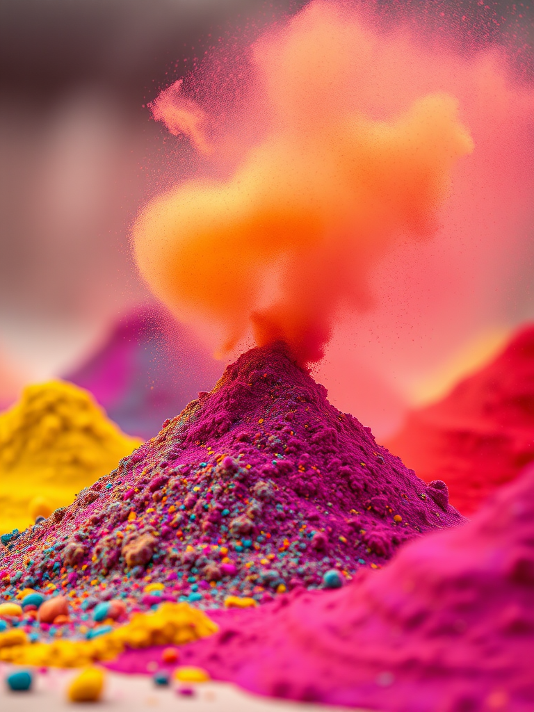 vibrant colored powders in mounds with a cloud of colorful dust rising, shot with a Canon EOS 5D Mark IV, 50mm lens, f/1.8, ISO 100, shutter speed 1/250s, natural lighting, macro view, high saturation
