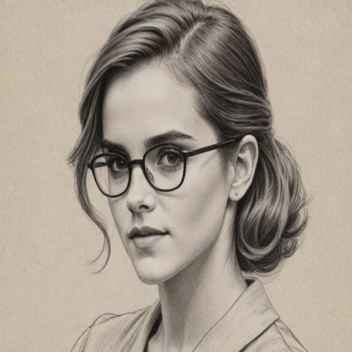 Alluring Emma Watson, pencil sketch, portrait of Graceful woman 1950s in glasses, hair style beatnik, outline, clear lines, fine lines, 8k