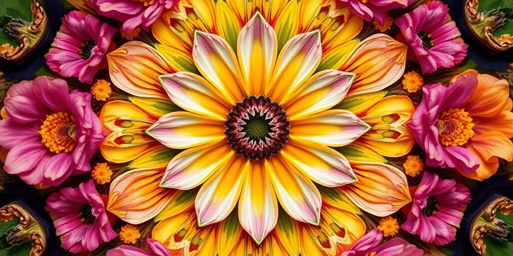 Create a vibrant floral pattern with intricate details and contrasting colors, shot with a Canon EOS R5, 35mm lens, f/8 aperture, ISO 100, and a top-down view to emphasize symmetry and texture.