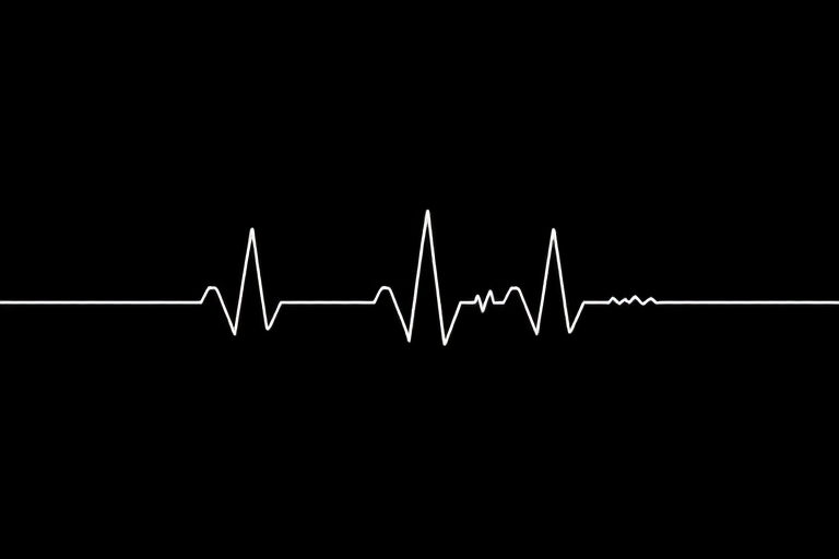 Create a minimalist design featuring the word "life" intertwined with an ECG heartbeat line on a solid black background, using a Canon EOS R5 camera with a 50mm f/1.2 lens, set at ISO 100, aperture f/2.0, and shutter speed 1/200s, shot from a straight-on angle for clarity and depth.