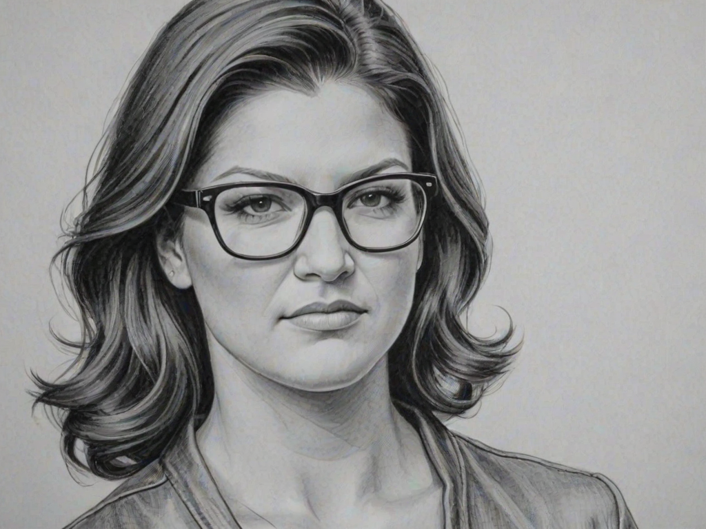 Attractive Gina Carano, pencil sketch, portrait of Sublime woman 1947s in glasses, hair style beatnik, outline, clear lines, fine lines, 8k