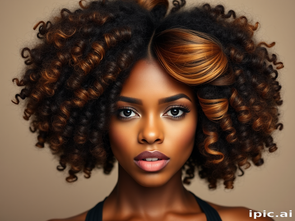 Fierce woman sporting a voluminous afro with defined curls, highlighted with golden honey streaks and styled with a bold side part