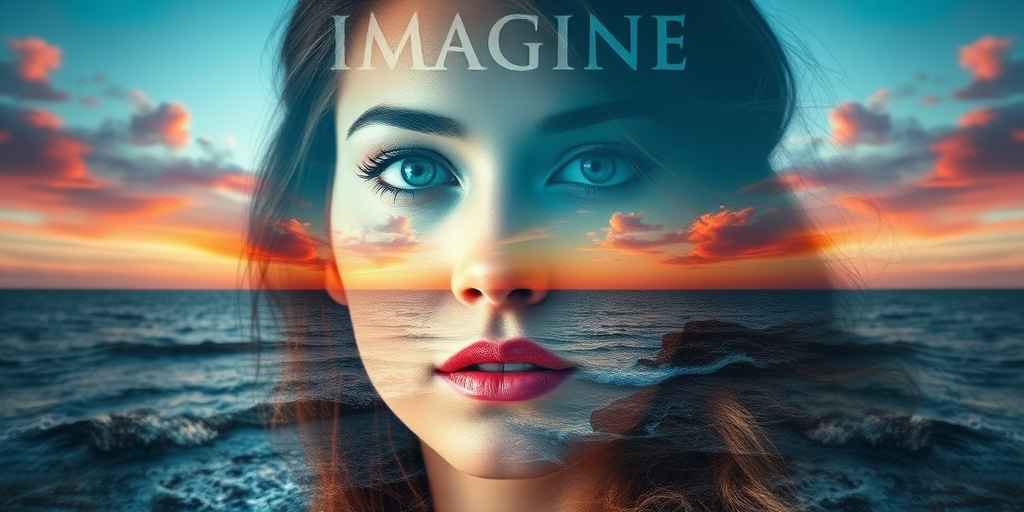 imagine Book cover, A surreal double exposure portrait that blends a woman's face with a beautiful seascape. The overall mood is dreamy and mystical, with rich colors and intricate details