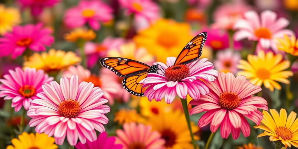 Generate an image of a colorful garden scene featuring vibrant flowers in shades of pink and yellow. A butterfly with orange and black wings is perched on one of the flowers, surrounded by a soft, blurred background of more flowers in various colors. The overall mood should be cheerful and bright, capturing the beauty of nature.