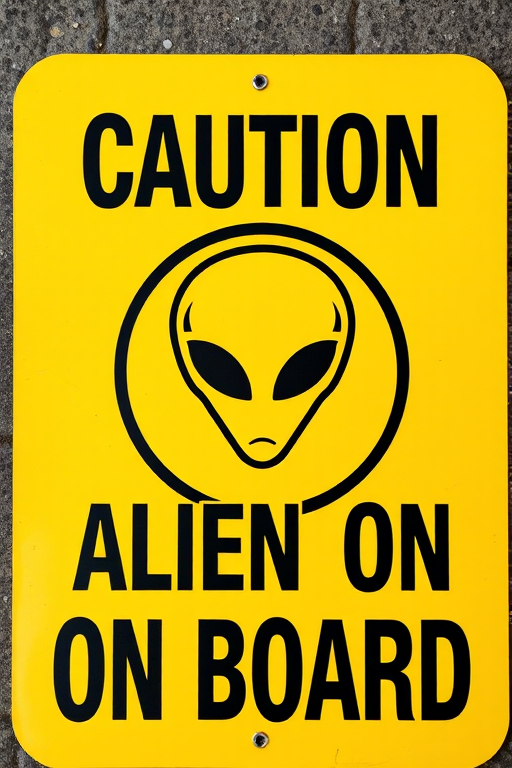 Create a yellow caution sign with bold black text that reads "ALIEN ON BOARD" and an alien face graphic in the center, shot with a Canon EOS R5, 50mm lens, f/2.8 aperture, 1/250 sec shutter speed, and set to a top-down view for a clean, modern look.