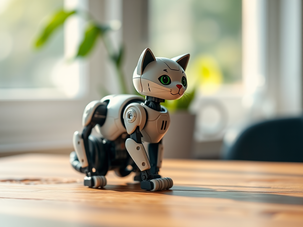 Create a high-resolution image of a small, intricately detailed robot cat sitting on a wooden table, with soft natural light coming from a nearby window, using a DSLR camera with a 50mm lens, aperture set to f/1.8, ISO 100, and a shallow depth of field for a bokeh effect in the background.