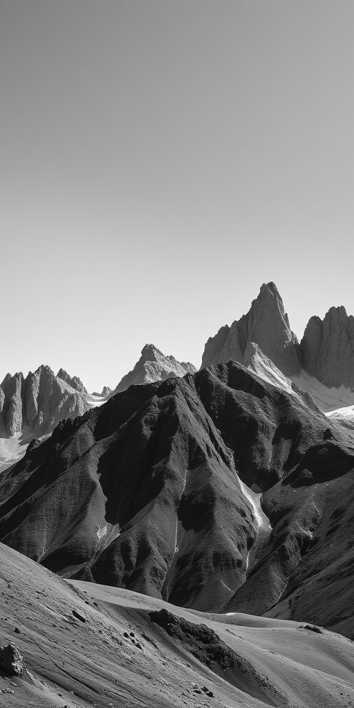 Create a high-contrast black and white landscape photo of rugged mountain peaks under a clear blue sky, captured with a DSLR camera, 24mm lens, aperture f/11, shutter speed 1/125 sec, ISO 200, from a low angle perspective with a wide view to emphasize the grandeur of the mountains.