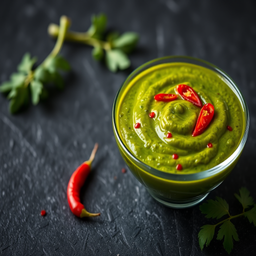 capture a vibrant bowl of green chutney with red chili garnishes on a textured dark surface, shallow depth of field, natural light, 50mm lens, f/2.8, ISO 200, DSLR camera