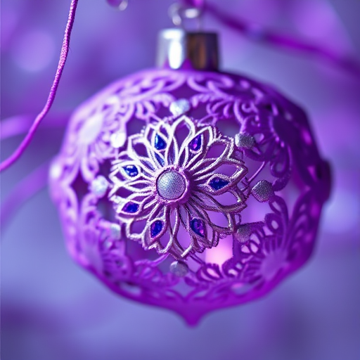 Create a high-resolution image of an intricate purple ornament with detailed lace patterns, using a DSLR camera, 50mm lens, f/2.8 aperture, 1/100s shutter speed, and soft diffused lighting.