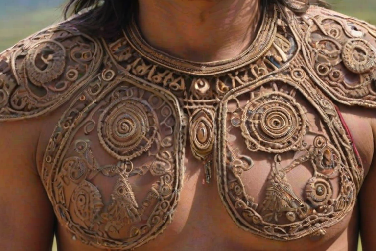Face, shoulders, chest covered in openwork Inca embroidery. Raw, unedited image.