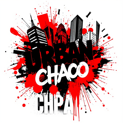 Trash polka style tattoo, "Urban Chaos," juxtaposing bold, graphic elements in solid black with splashes of vibrant red, incorporating typography, photorealistic imagery, and abstract shapes to create a dynamic and edgy composition