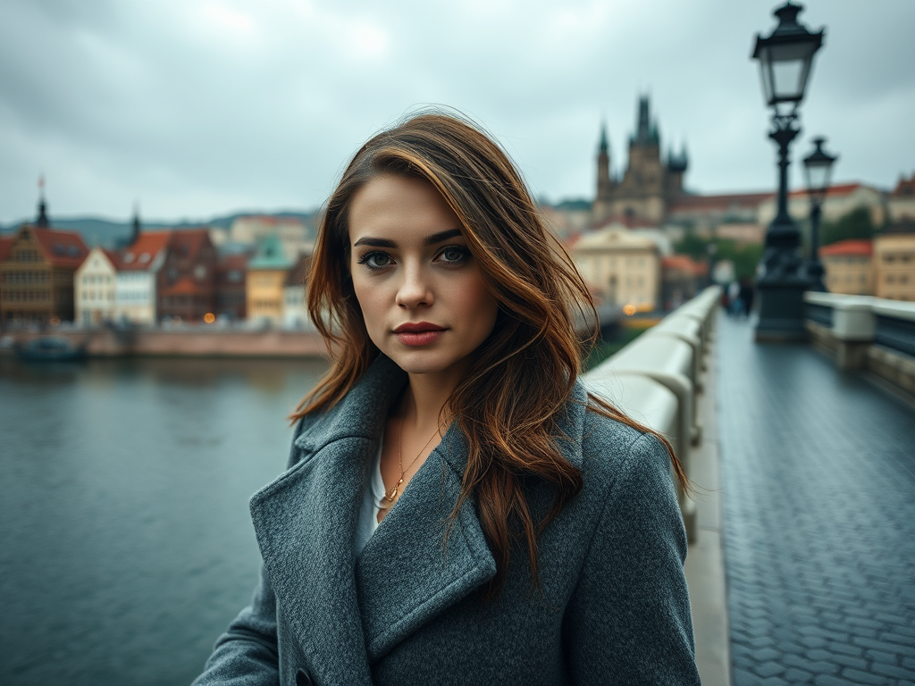 cinematic pphoto from above, waist up shot, sharp focus, a beautiful woman in foreground, in Prague, at the Charles Bridge, river in background, overcast rainy day, wearing long grey wool coat, warm rich color palette