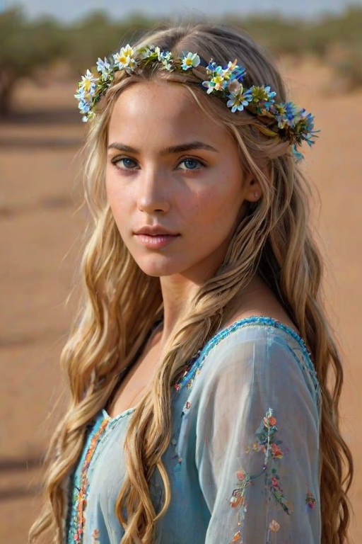 Create an image of a young Sahrawi woman with long, wavy blonde hair, adorned with small, colorful flowers woven into her braids and loose strands. Her complexion is fair, with soft, glowing skin, and she has light blue eyes that gaze softly at the viewer. She wears a light, flowing dress with a gentle, ethereal quality, complementing her delicate and serene appearance. The background is slightly blurred, drawing focus to her tranquil expression and the intricate details of the flowers in her hair. The overall mood of the image is one of natural beauty and grace, evoking a sense of peacefulness and connection with nature.