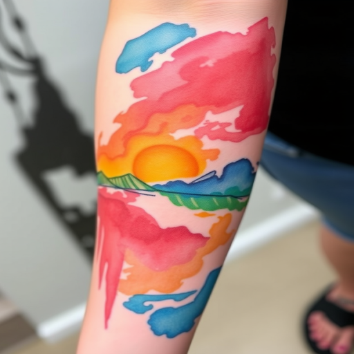 Watercolor brush stroke tattoo called "Impressionist Dream" featuring loose, fluid strokes of vibrant colors blending together to create an abstract landscape inspired by impressionist paintings