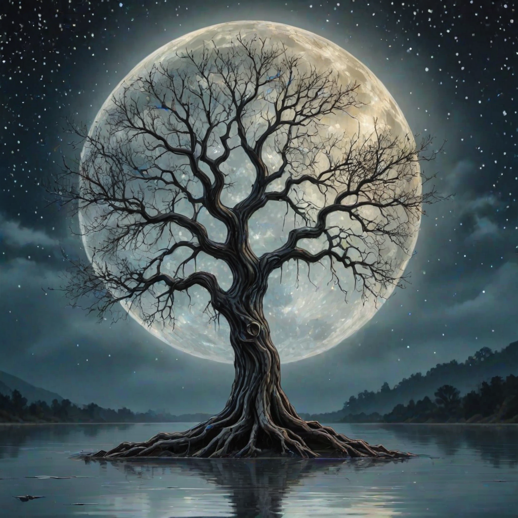 painting of a tree with a full moon in the background and water dripping from its branches, fantasy art, alcohol ink, 3D, 4K, HDRi