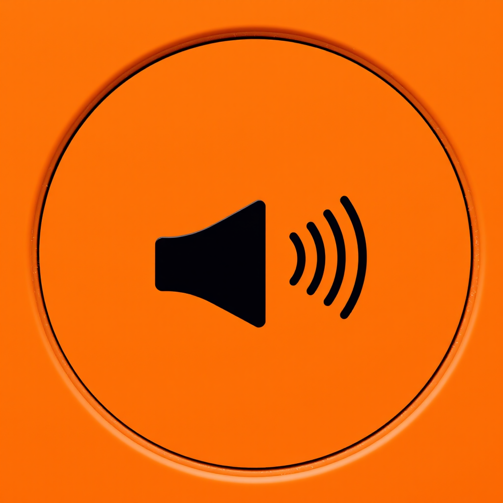 Create an image of a black speaker icon with sound waves on an orange circular background, using a DSLR camera with a 50mm lens, aperture f/1.8, ISO 100, and natural lighting for enhanced clarity and contrast.
