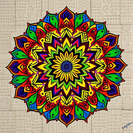 Create a vibrant mandala with intricate patterns and a mix of colors including red, yellow, blue, green, and purple, captured with a Canon EOS 5D Mark IV at f/8, ISO 100, 50mm lens, shot from a top-down view in natural light to enhance detail and clarity.