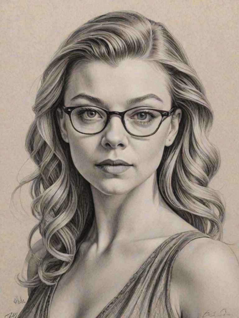 Wonderful Natalie Dormer, pencil sketch, portrait of Enchanting woman 1936s in glasses, hair style beatnik, outline, clear lines, fine lines, 8k