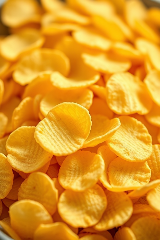 Create a high-resolution image of a pile of potato chips with a shallow depth of field, using a DSLR camera with a 50mm lens, aperture set to f/2.8, ISO 100, and natural lighting for enhanced clarity and texture.